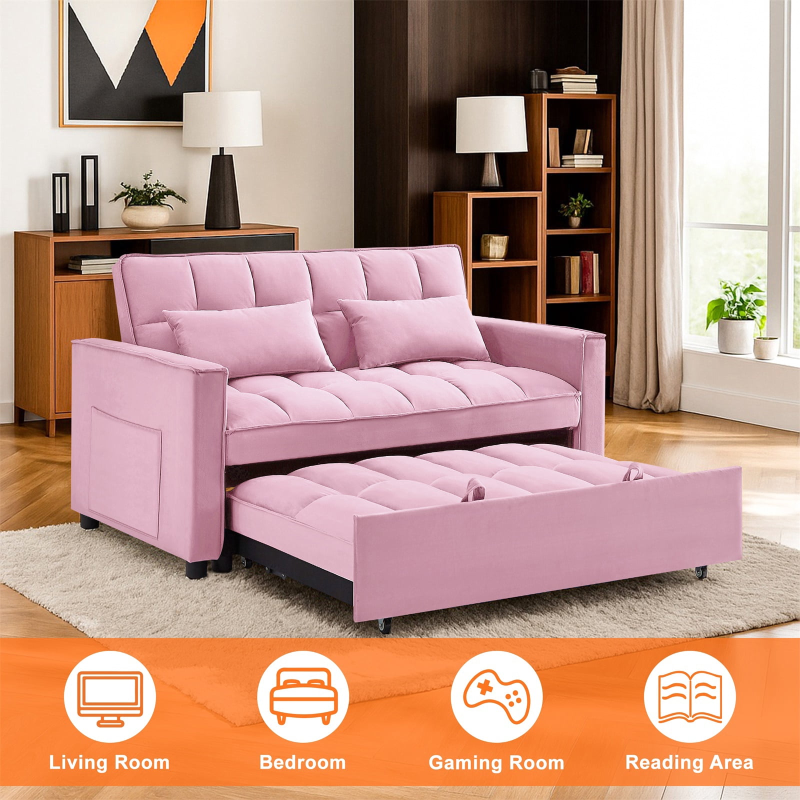 Hommoo Modern 3 in 1 Convertible Sleeper Sofa Bed, Pull Out Loveseat Couch Futon Sofa Bed with 3-Level Adjustable Back, Pink
