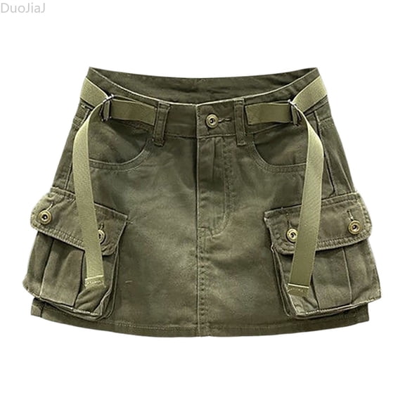 DuoJiaJ Women Soild Mini Cargo Skirt Low Waist Short Denim Jean Skirt Denim Skirts Women Green XS