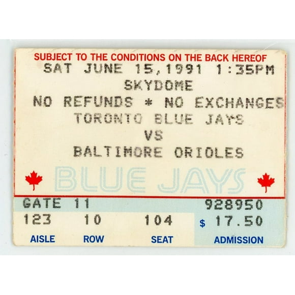 Toronto Blue Jays vs. Baltimore Orioles Vintage Ticket Stub Exhibition Stadium 1991