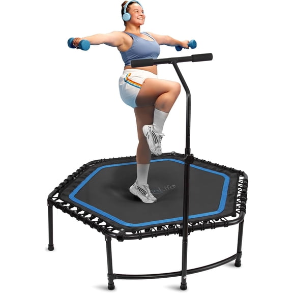 40"/50" Mini Trampoline for Adults - 450/550LBS Fitness Trampoline with Reinforced Springs & Adjustable Safety Handle - Stable & Quiet Supports Whole-Body Workout & Relaxation