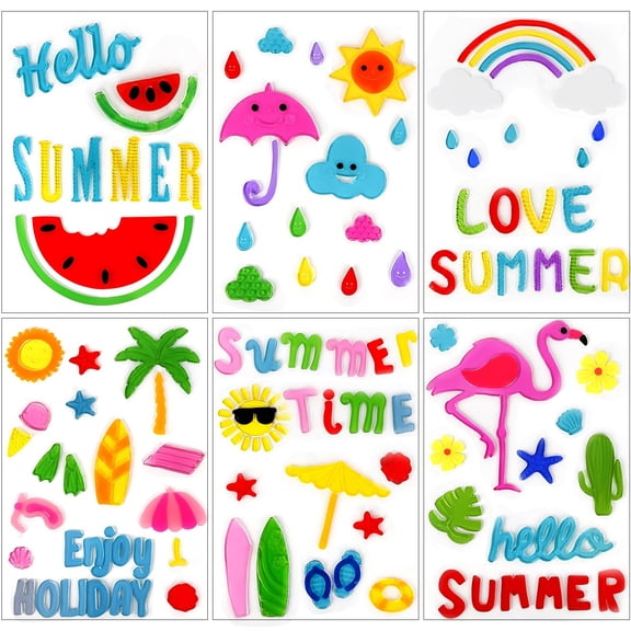 Sinkoo 6 Sheets Summer Window Gel Clings, Reusable Jelly Stickers Watermelon Flamingos Rainbow Beach Themed for Home Office School Pool Party Decor
