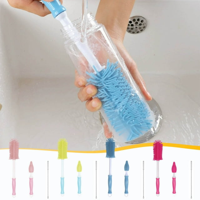 Fiudx Juego de Cepillos para Limpiar Botellas, Diseño de 3 Piezas, Cepillo de Silicona Eficiente para Botellas y Pajitas, Limpieza Giratoria para Un Uso Fácil, Cocina Casera, Multifunción, Tamaño Com