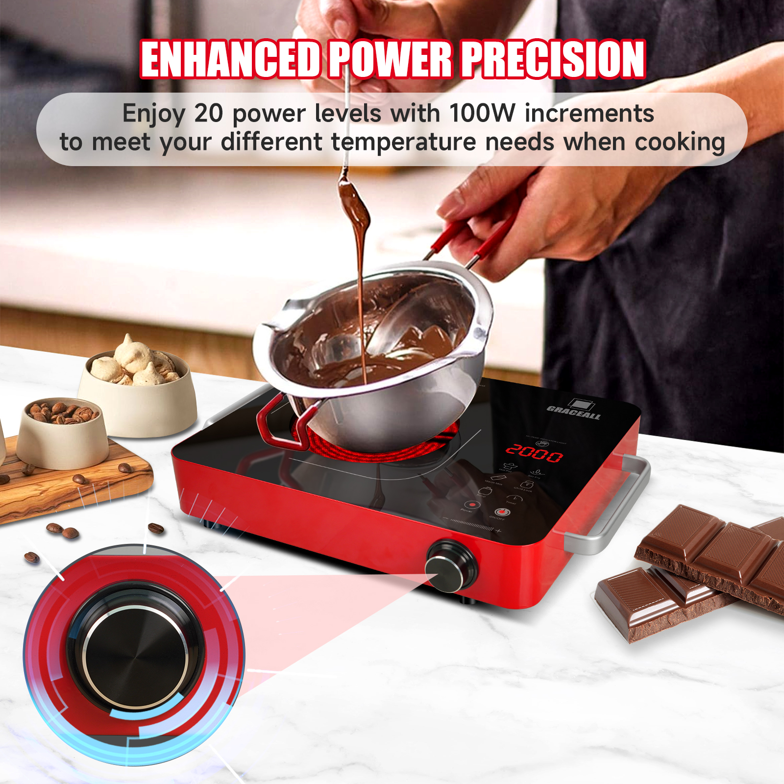 GRACEALL 2000W Electric Cooktop Portable Infrared Stove, Countertop Hot Plate for Cooking, Single Burner Cook Top, Kitchen Knob Control Stove, Unibody Design with BBQ Plate