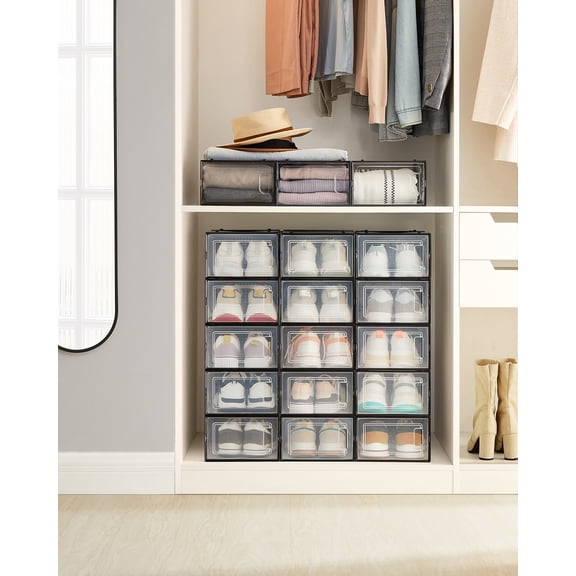 SONGMICS Cajas de Zapatos Plástico, Juego de 18 Organizadores de Almacenamiento, Caja Zapatero Plástico Plegable y Apilable para Zapatillas hasta talla 44, Transparente y Negro