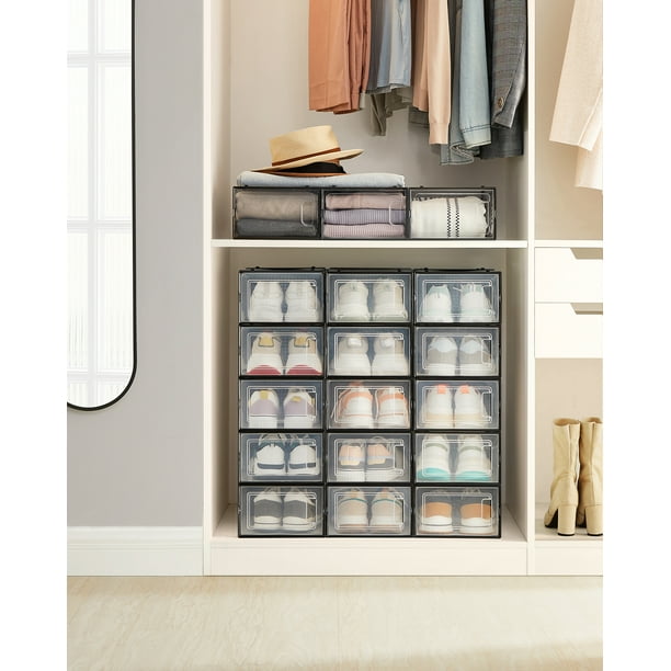 SONGMICS Cajas de Zapatos Plástico, Juego de 18 Organizadores de Almacenamiento, Caja Zapatero Plástico Plegable y Apilable para Zapatillas hasta talla 44, Transparente y Negro