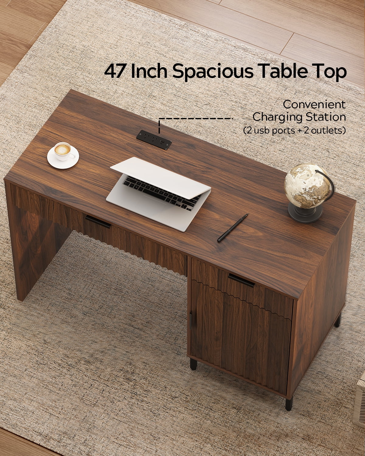 Joyyskill Executive Desk with Fluted Drawers, 47" Wood Home Office Desk with Charging Station, Metal Legs Modern Farmhouse Computer Desk Brown