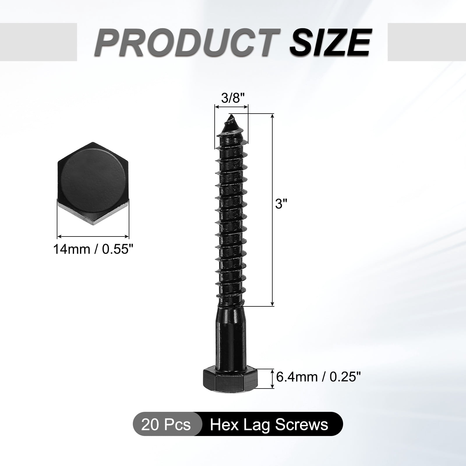 3/8" x 3" Hex Head Lag Screws Bolts, 20 Pack 304 Stainless Steel Hexagon Head Lag Bolt Wood Screws, Partial Thread, Black Zinc Plating