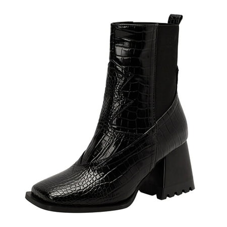 

Mackneog Women s Colorblock Face Square Toe Chunky High Heel Elastic Mid Boots Gift on Clearance