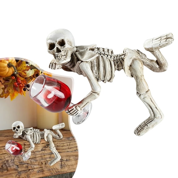 Clearance Under $2.4! 1 Pack Resin Skeleton Figurine with Wine Glass, 7.5in Halloween Mantel Decor