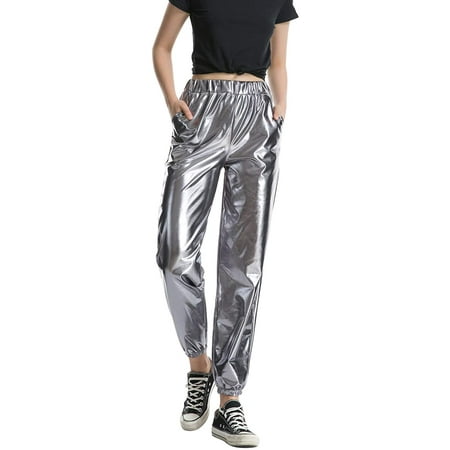 Womens Metallic Shiny Jogger Pants, Casual High Waisted Harem Pant ...