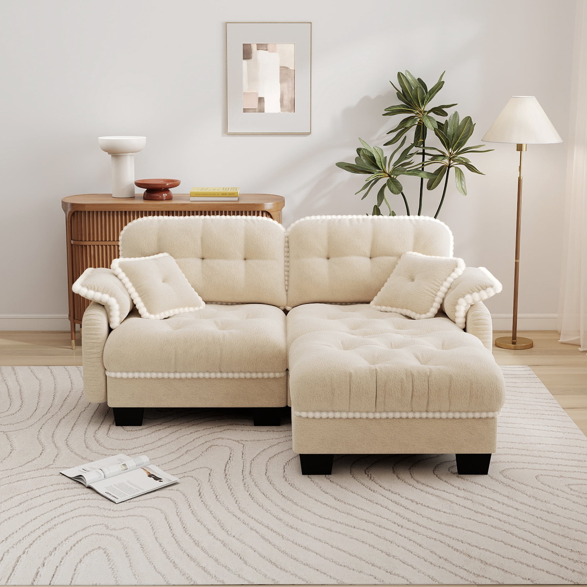 Aenkyo 70" Chenille Modular L-Shaped Sectional Sofa with Movable Ottoman, 23.8" Deep Seat, Beige