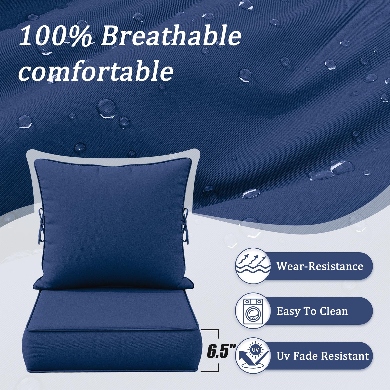 Snubbull Outdoor Deep Seat Cushion Set 24 X 24 X 6.5 Inch Splash-Proof & Fadeness Patio Furniture Cushions，Removable Outdoor Couch Cushions with Hidden Zipper & Adjustment Staps，Blue