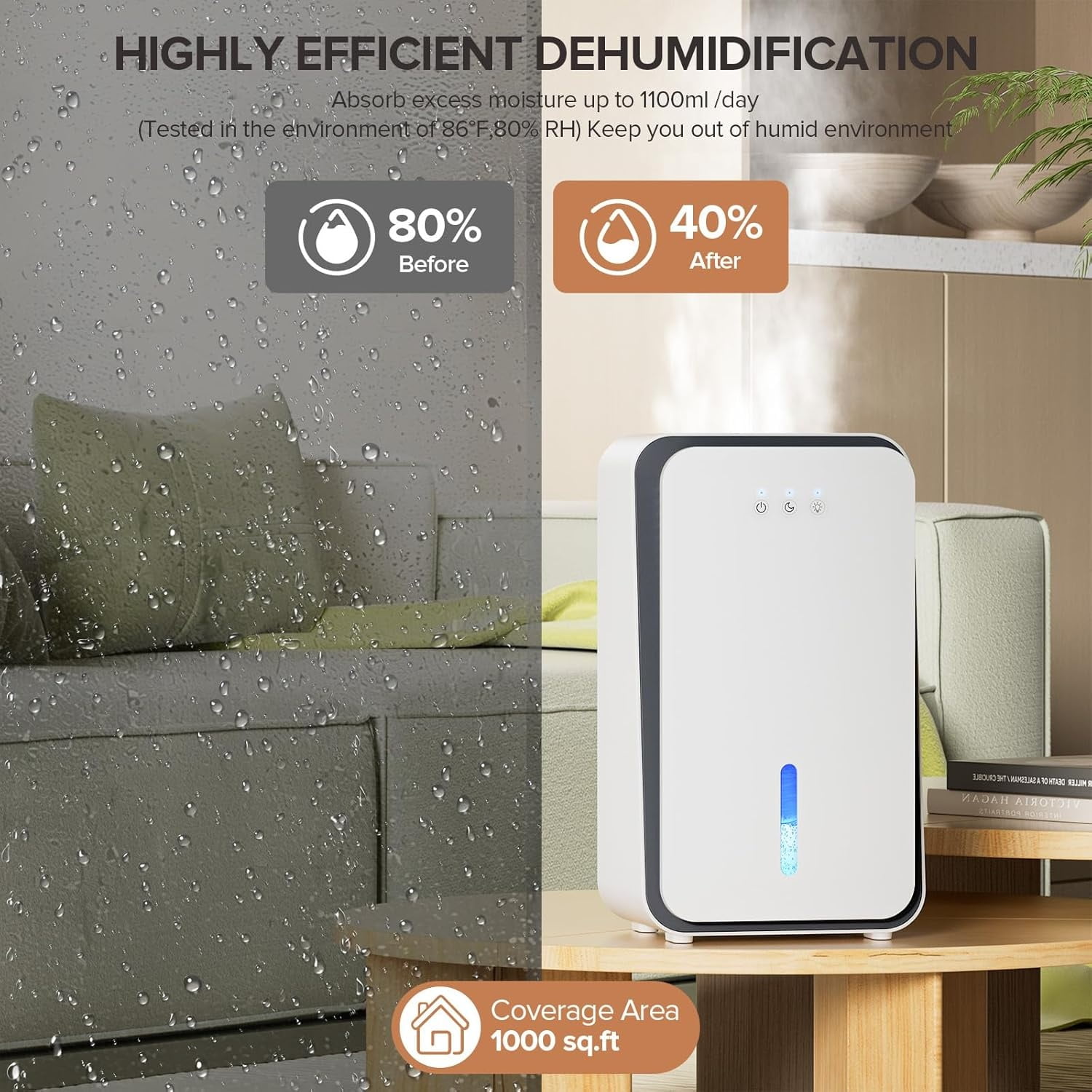 Dehumidifier for Home, 1000 sq.ft Dehumidifier with Auto Shut Off, 7-Color LED Light Built-in Aromatherapy Diffuser, Ultra-Quiet Dehumidifiers for Bedroom, Bathroom, Basement (Pale White)