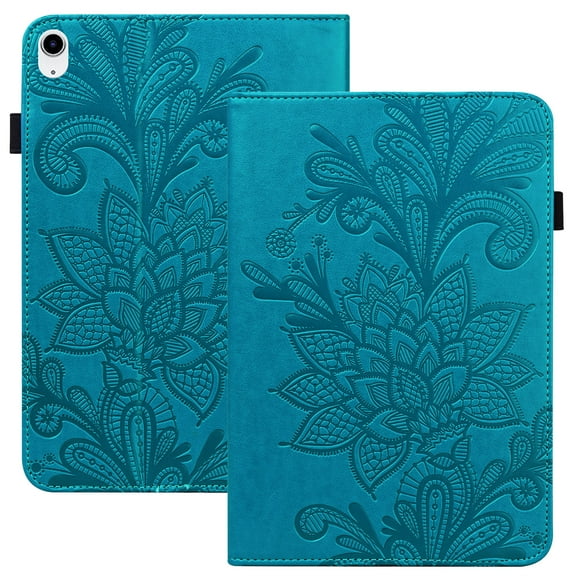 for iPad (A16) 11th Generation 2025 Case with Pencil Holder, Premium PU Leather Folio Multi-angle Stand Pocket Strap Lightweight Embossed Flower Case for iPad 10.9" 10th Gen 2022, Blue