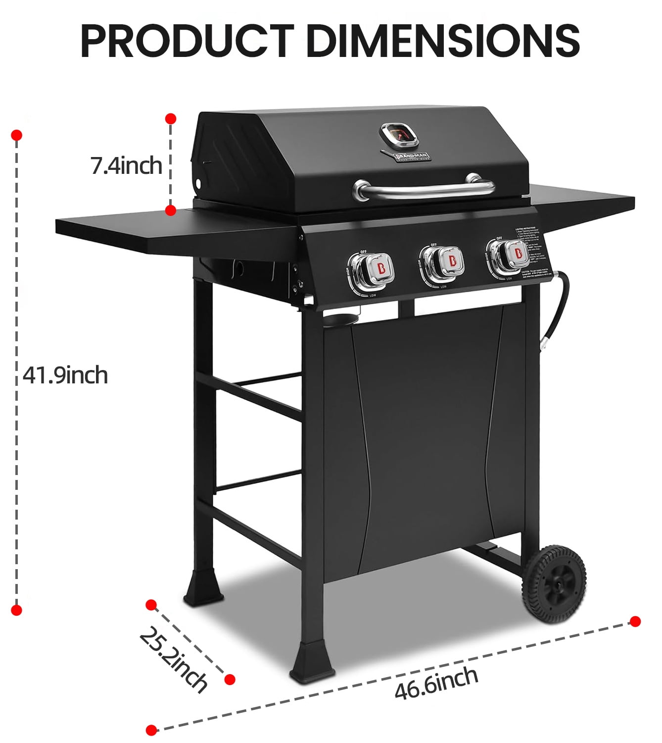 Brand-Man Grills Propane Gas 3 Burner Grill with Side Table for BBQ, Outdoor Cooking Grill with Wheel