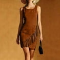 thumbnail image 1 of Robes Mini pour Femmes à Col Rond Sans Manches en Suède Style Western Cowboy Légères et Respirantes avec Franges Coupe Ajustée, 1 of 7
