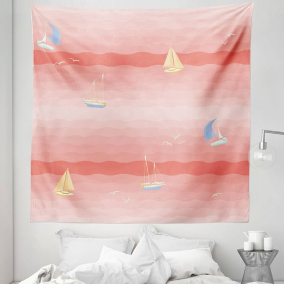 Pink Ombre Tapestry, Color Gradient Effect Cartoon Nautical Marine Sailing Boats on Waves, Fabric Wall Hanging Decor for Bedroom Living Room Dorm, 5 Sizes, Coral Blush and Peach, by Ambesonne