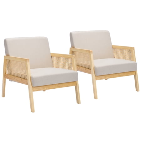 Mid Century Modern Accent Chairs Set of 2 – Upholstered Armchairs with Rattan Backrest, Thick Linen Cushion, Sturdy Wood Legs – Living Room, Bedroom Seating – Light Beige, Two in a Box