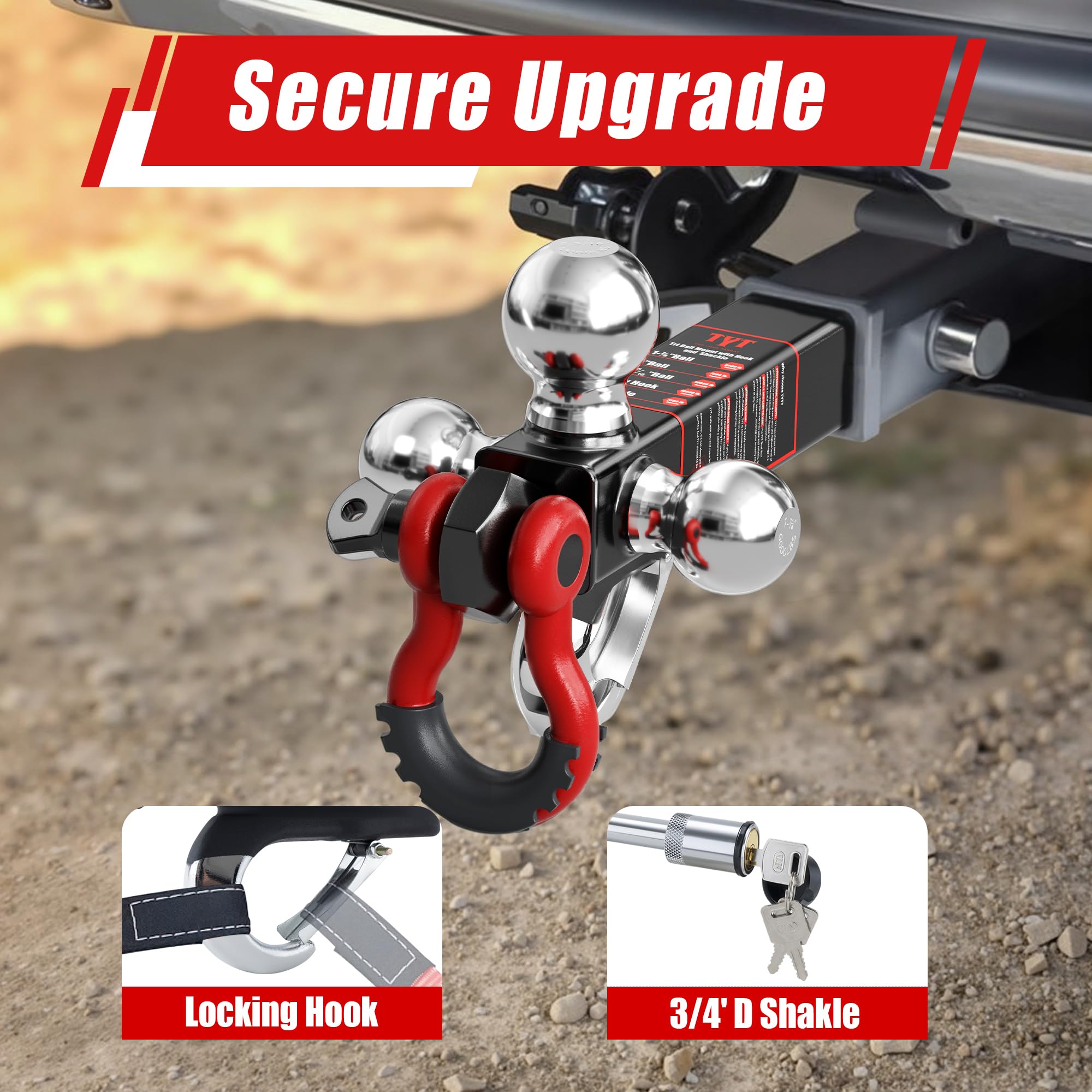 TYT Three-Ball Trailer Hitch Mount with Lock, 2-5/16", 2", 1-7/8" Balls for 2" Receiver, 10,000 lbs
