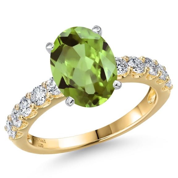 Gem Stone King 14K Two Tone Gold Green Peridot and Lab Grown Diamond Engagement Ring for Women | 3.65 Cttw | Oval 11X9MM | Gemstone August Birthstone | Size 6