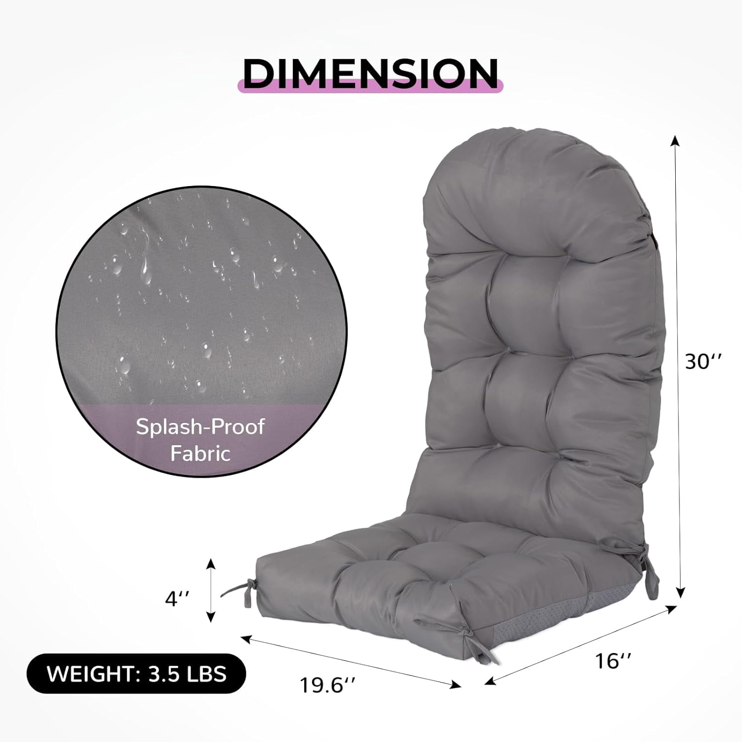 Nalone 2 Pcs Outdoor Adirondack Chair Cushions, Weather Resistant Patio Rocking Chair Cushion, Non-Slip Water Resistant High Back Patio Pad with Ties Grey