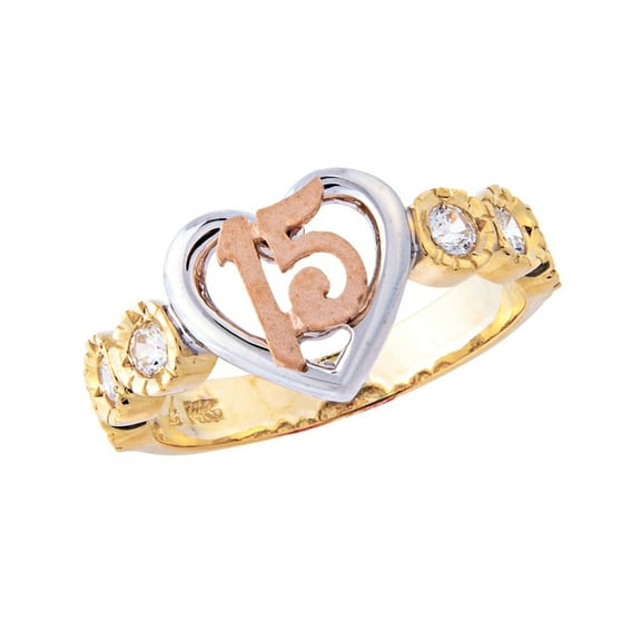 14K Tricolor Gold Quinceanera Heart CZ Band Ring