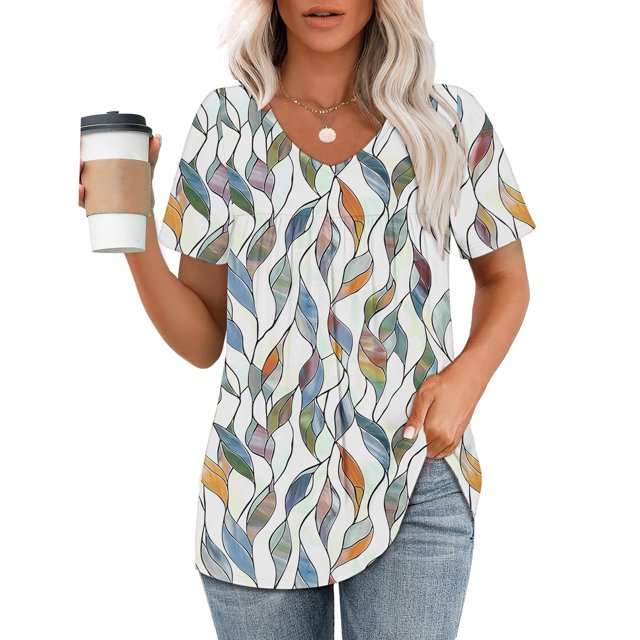 Clearance Fatuov Plus Size Summer Tops for Women Floral Pattern Pleated Tunic Tops V-Neck Short Sleeve Soft Blouses Multicolor