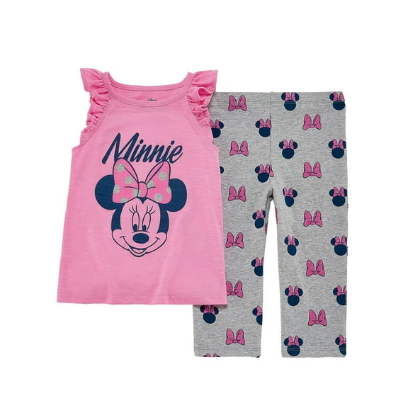 Disney Girls Pink & Navy Minnie Mouse With Bows Outfit Tank Top & Leggings Set 5