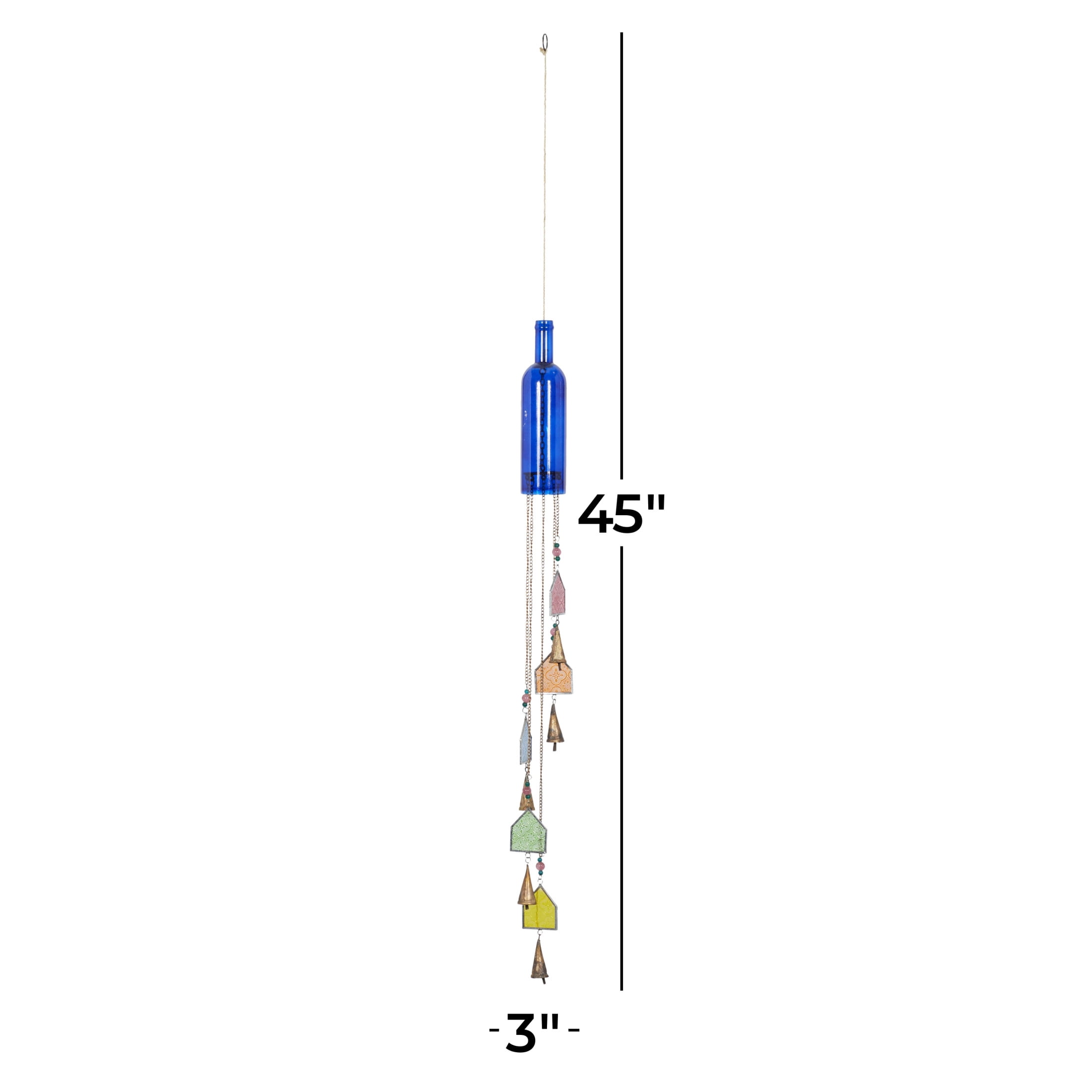 DecMode 45" Blue Glass Handmade Bottle Nautical Windchime with Beads and Cone Bells