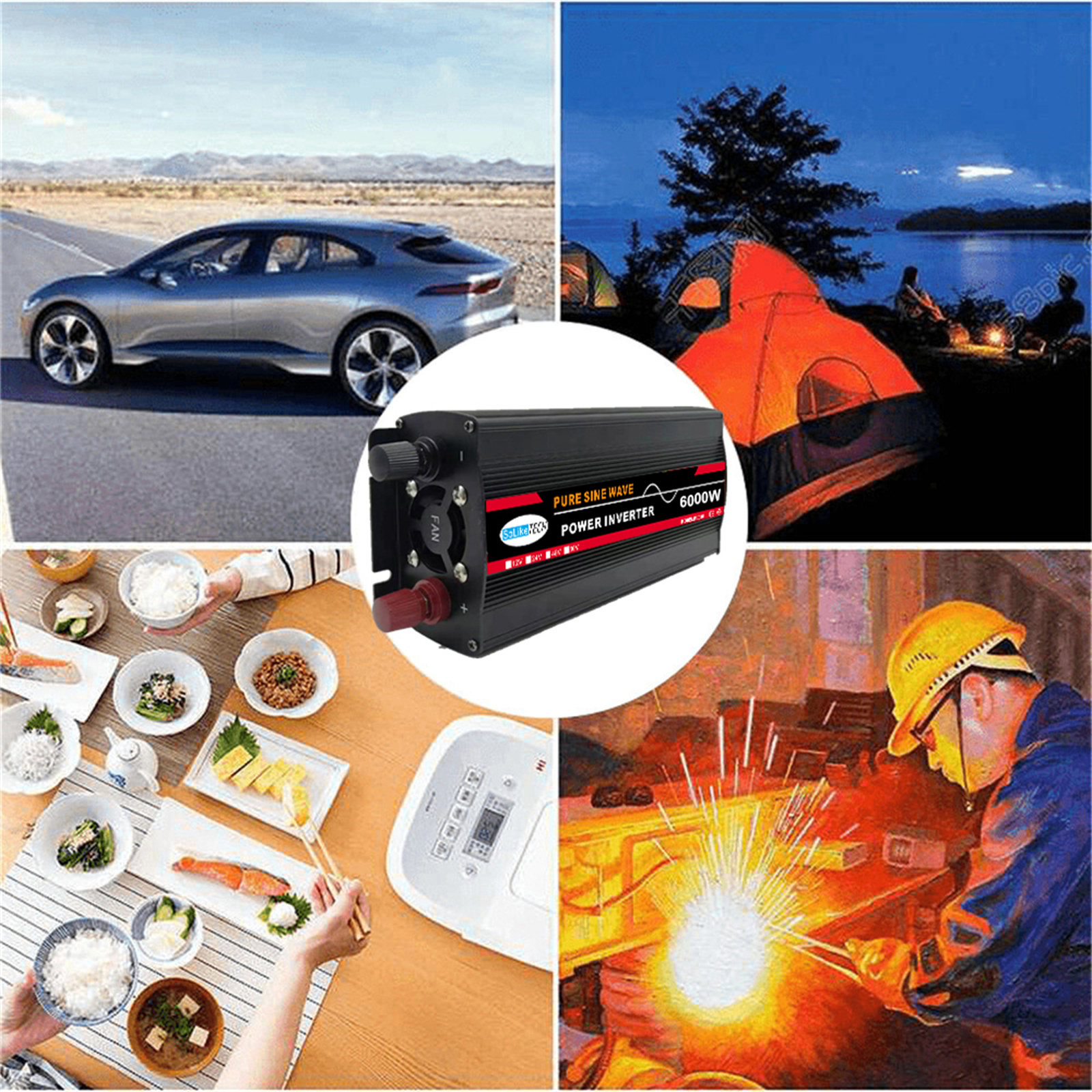 Pure Sine Wave Inverter, 6000W Power Inverter DC 12V to AC 110V Car Battery Power Converter Adapter Solar System/Solar Panel/Home/Outdoor/RV/Camping Wave Power Inverter