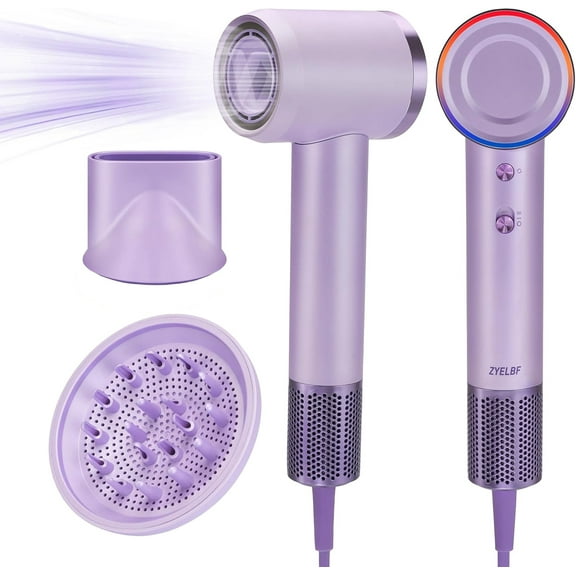 BERGUF Professional Ionic Hair Dryer, 130000 RPM High-Speed Brushless Motor Negative Ionic Blow Dryer for Fast Drying, Low Noise Thermo Control Blow Dryer with Magnetic Diffuser and Nozzle (Purple)