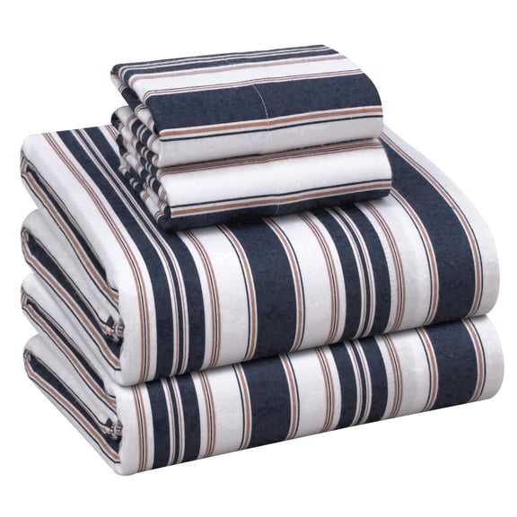 RUVANTI Flannel Sheets Queen Size - 100% Cotton Double Brushed Bed Sheets, Deep Pockets 16 Inches Queen Sheet Set, All Seasons Breathable & Extra Soft - Warm & Cozy, 4 Piece, Maritime Stripe