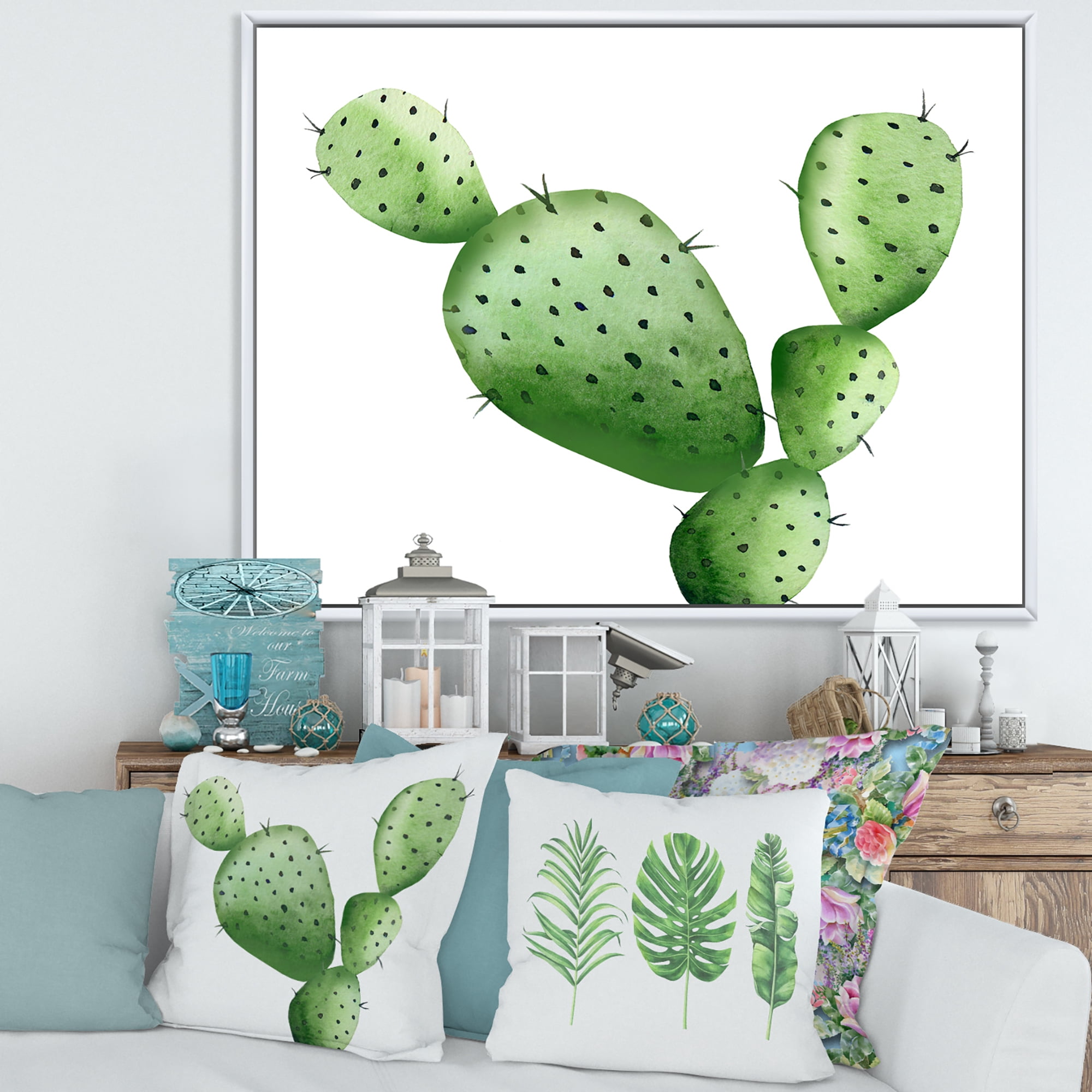 Designart 'Close Up Green Southwestern Cactus' Tropical Framed Canvas Wall Art Print