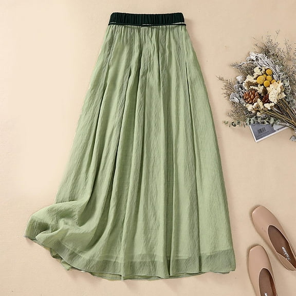 Luxalzxs Summer Cotton Linen Skirts for Women Trendy A-Line Flowy Long Skirts Lace-Up Elastic Waist Beach Vacation Skirts Vintage Bohemian Solid Color Midi Skirt