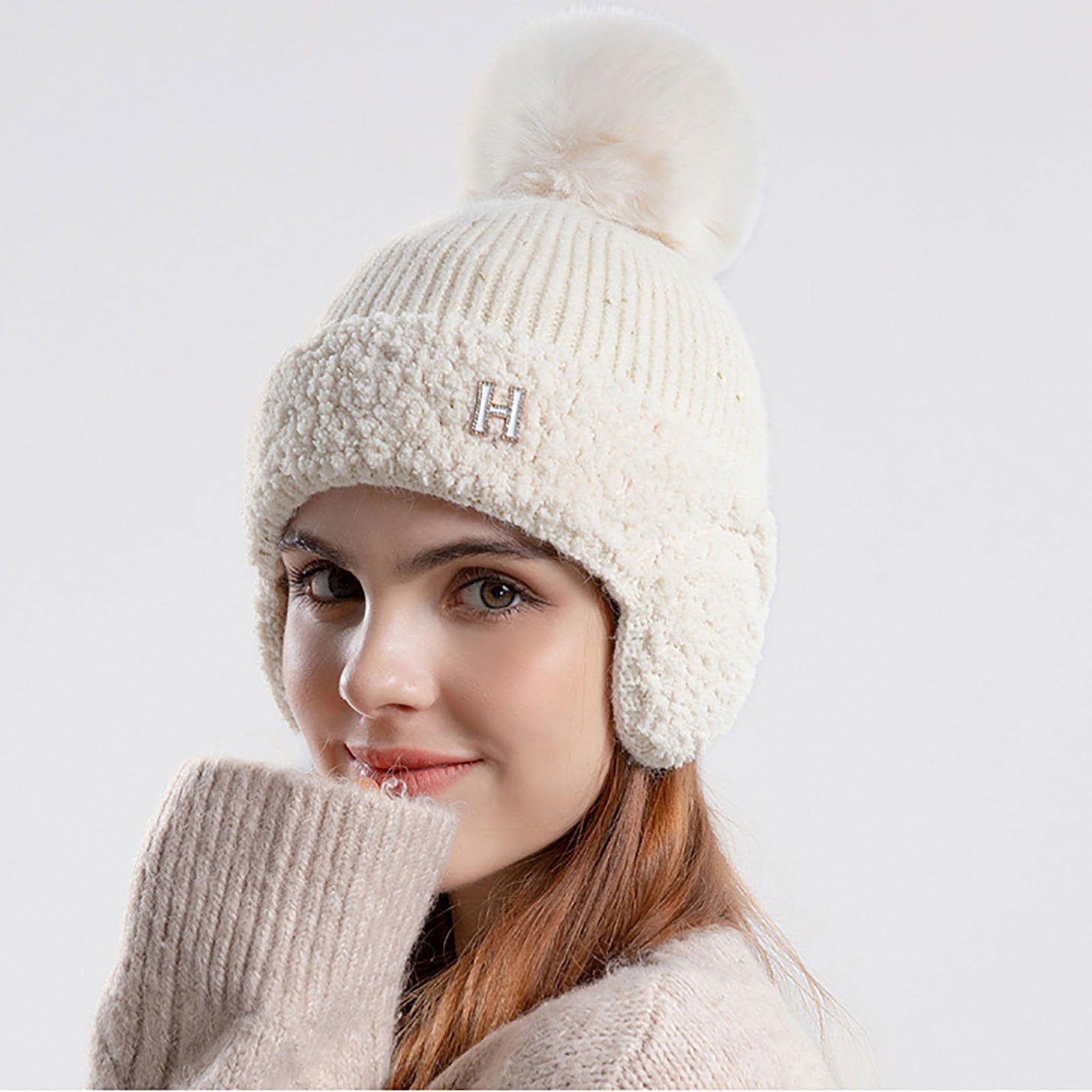 Women Faux Fur Knit Bobble Beanie Hat Cute Pom Pom Ball Cossack Ski Warm  Winter