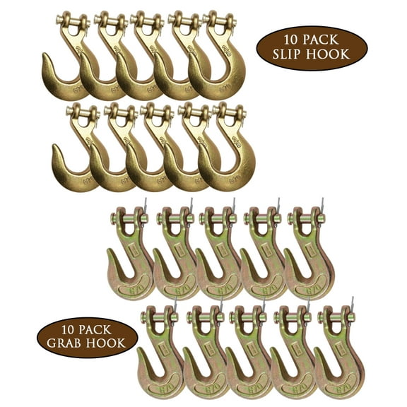 20 Pieces Hooks - (10) 3/8" Grade 70 Clevis Grab Hooks with Pins, (10) 3/8" Clevis Slip Hook G70 Tow Chain Wrecker Truck Trailer Tie Down