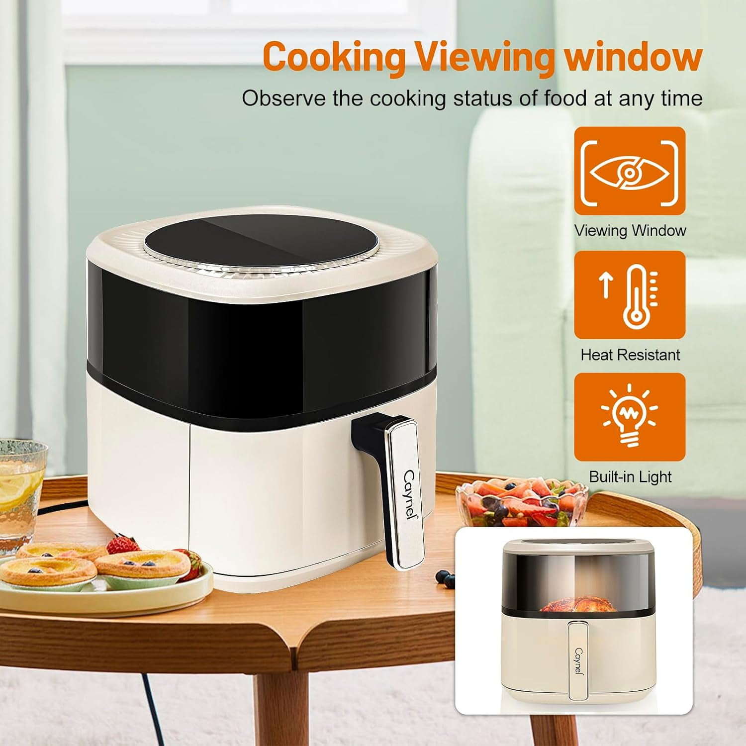 Digital Air Fryer 6.5QT Healthy Cooker with Visual Window, LCD Touch Controls, 6 Presets, Nonstick Basket - Beige