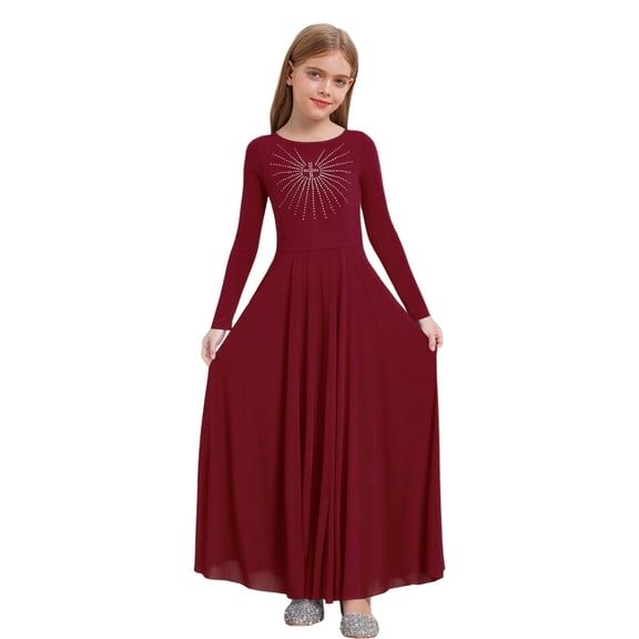 Zaldita Kids Girls Praise Dance Dress Long Sleeve Liturgical Lyrical Robe Worship Church Maxi Swing Skirt Dancewear Burgundy 16