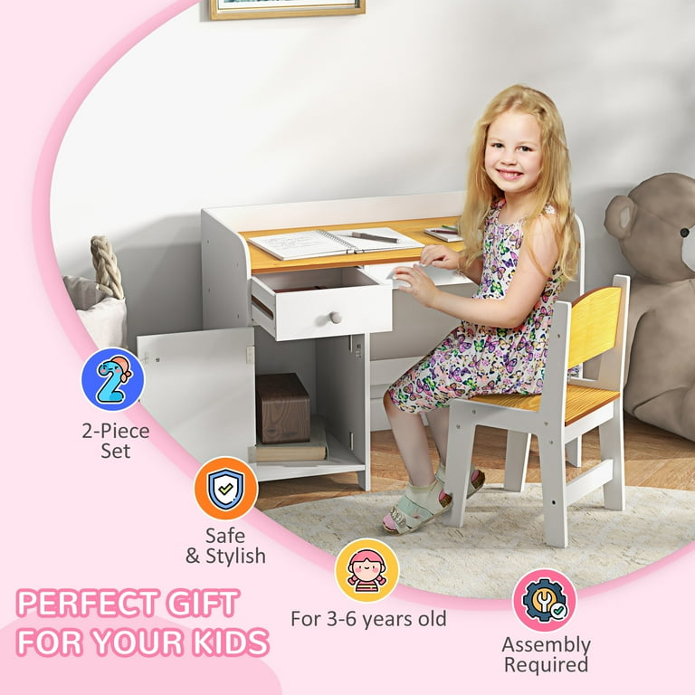 Qaba Kids Desk and Chair Set with Storage, White MDF Study Desk