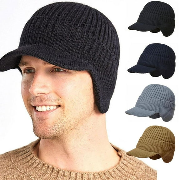 SSKFHGI Winter Warm Mens Knitted Beanie Hat With Brim Ear Protection Skull Outdoor