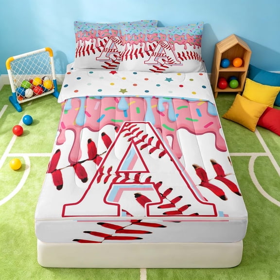 Manfei Girls Baseball Zipper Twin Comforter Sets with Fitted Sheet and 2 Pillowcases, Cute Monogrammed A Zipper Bedding Set, Pink Light Blue A