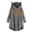 thumbnail image 1 of Women Button Plush Tops Hooded Loose Cardigan Leopard Patchwork Coat Jacket, 1 of 5