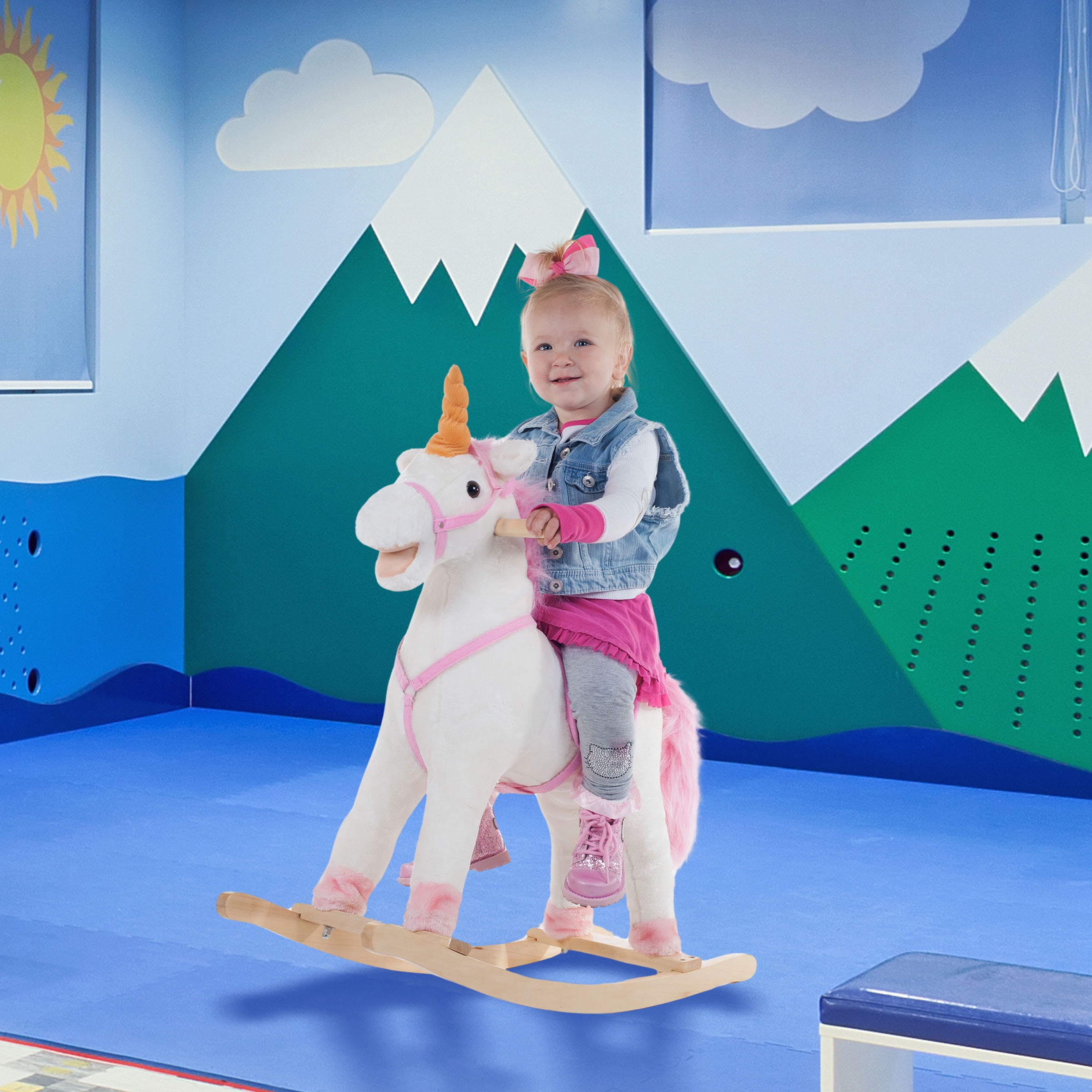 Happy Trails Ride-On Unicorn Rocking Horse with Sturdy Wooden Base for Toddlers Ages 3 and Up, (White)