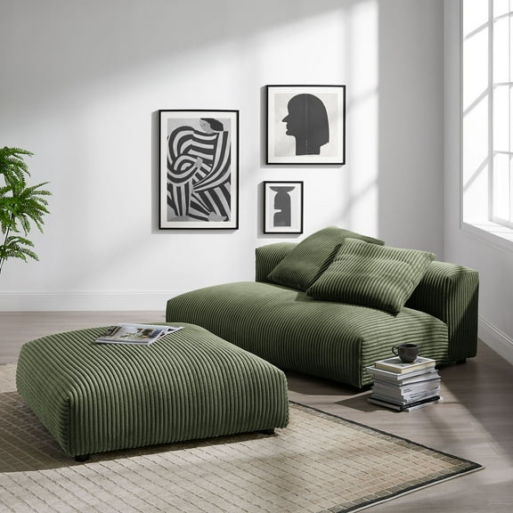 Solace Modular Corduroy Upholstered Armless Loveseat and Ottoman Set in Fern