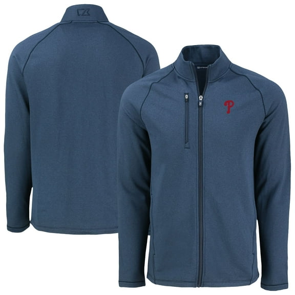 Men's Cutter & Buck Heather Navy Philadelphia Phillies Peshastin Eco Fleece Recycled Raglan Full-Zip Jacket