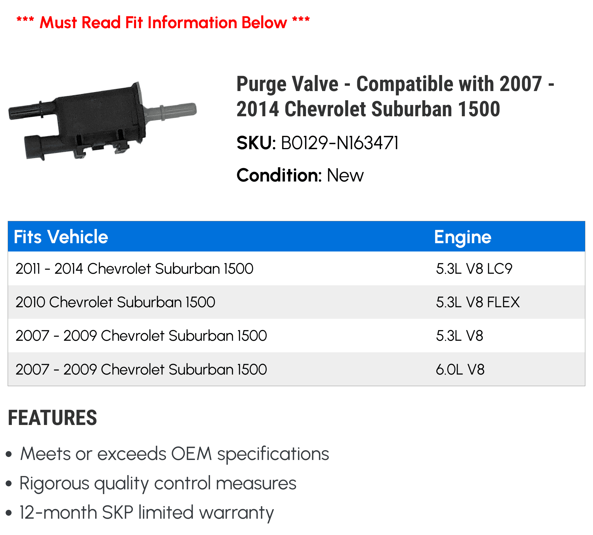 Purge Valve - Compatible with 2007 - 2014 Chevy Suburban 1500 2008 2009 2010 2011 2012 2013