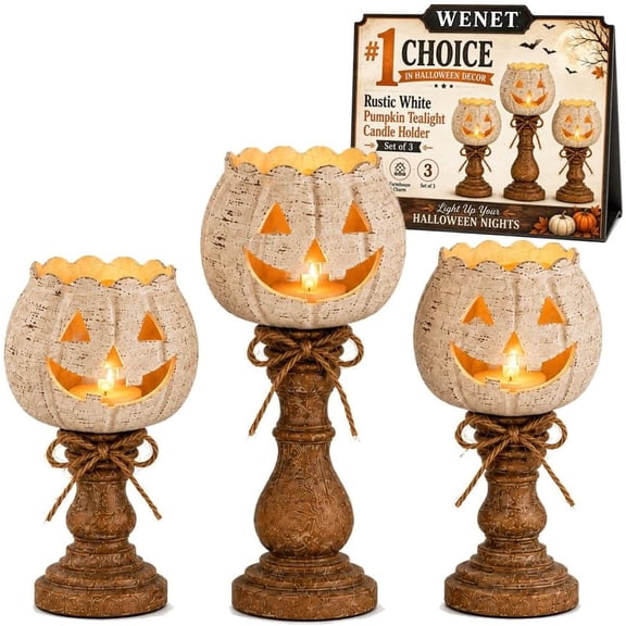 Rustic White Pumpkin Tealight Candle Holder Set of 3, Halloween Decor | Farmhouse Carved Pumpkin Jack O Lanterns with Wood-Look Bases and Jute Bows for Halloween Fireplace Mantel or Table Decor