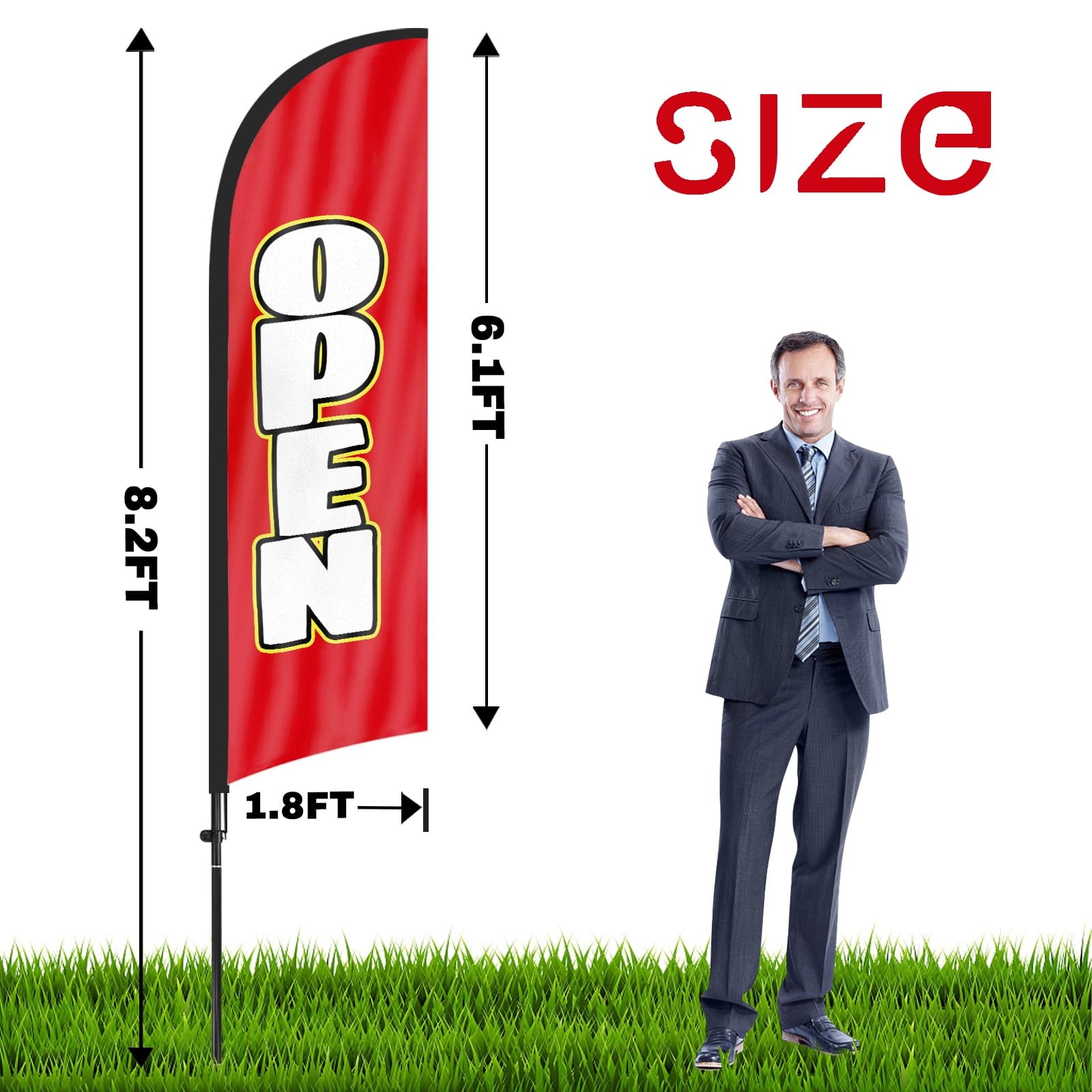 QSUM Open Feather Flag with Flag Pole Kit and Ground Spike, 8.2FT Open Windless Flag Banner Sign Business for Outdoor Advertising Sign Decoration Display(Red&White)