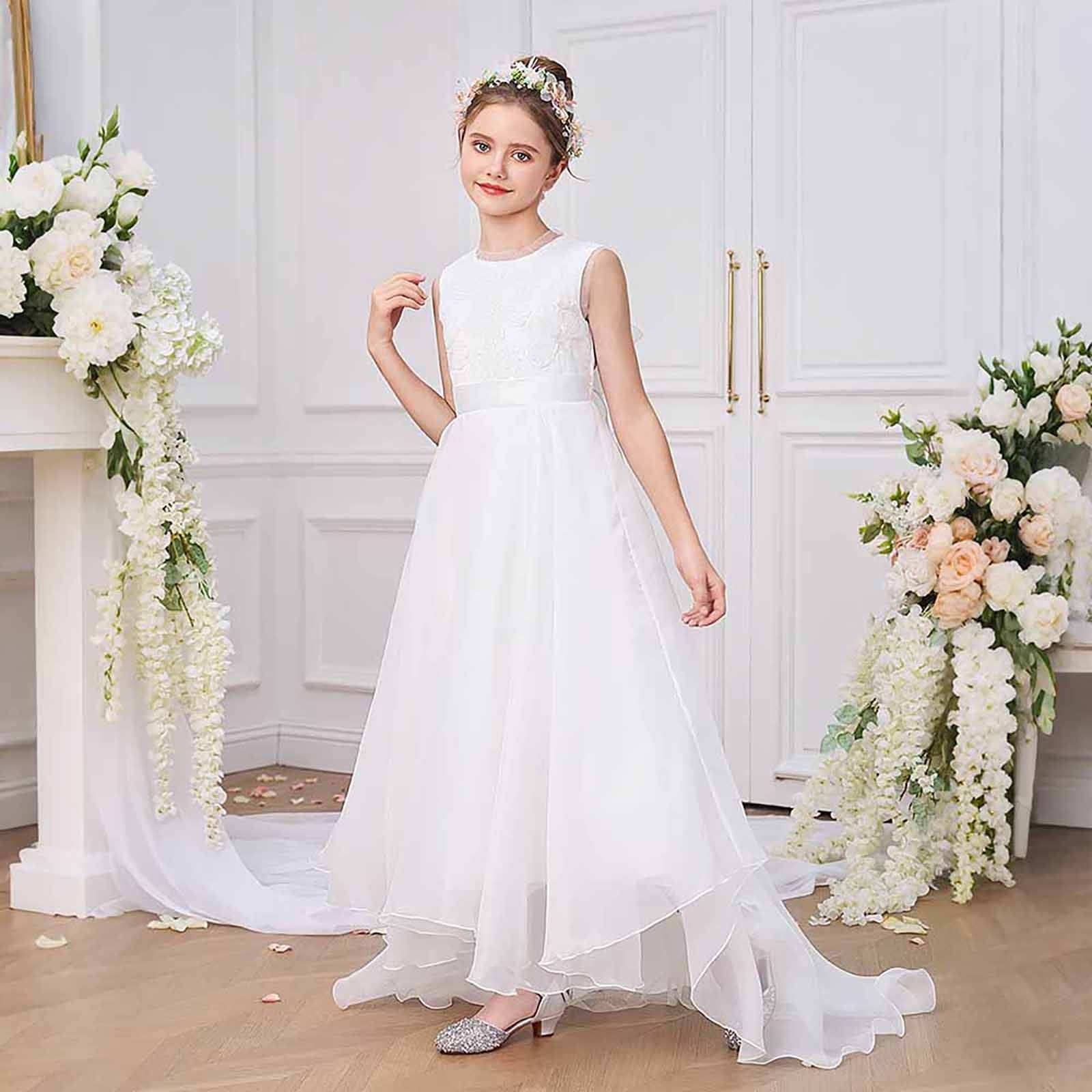 Wdgfv Elegant Girls Dresses Back V Neck Bow Dress For Kids 7-12 Years Old Casual Party Wear Comfortable Breathable Fabric Spring Summer Fall White 10-11 Years