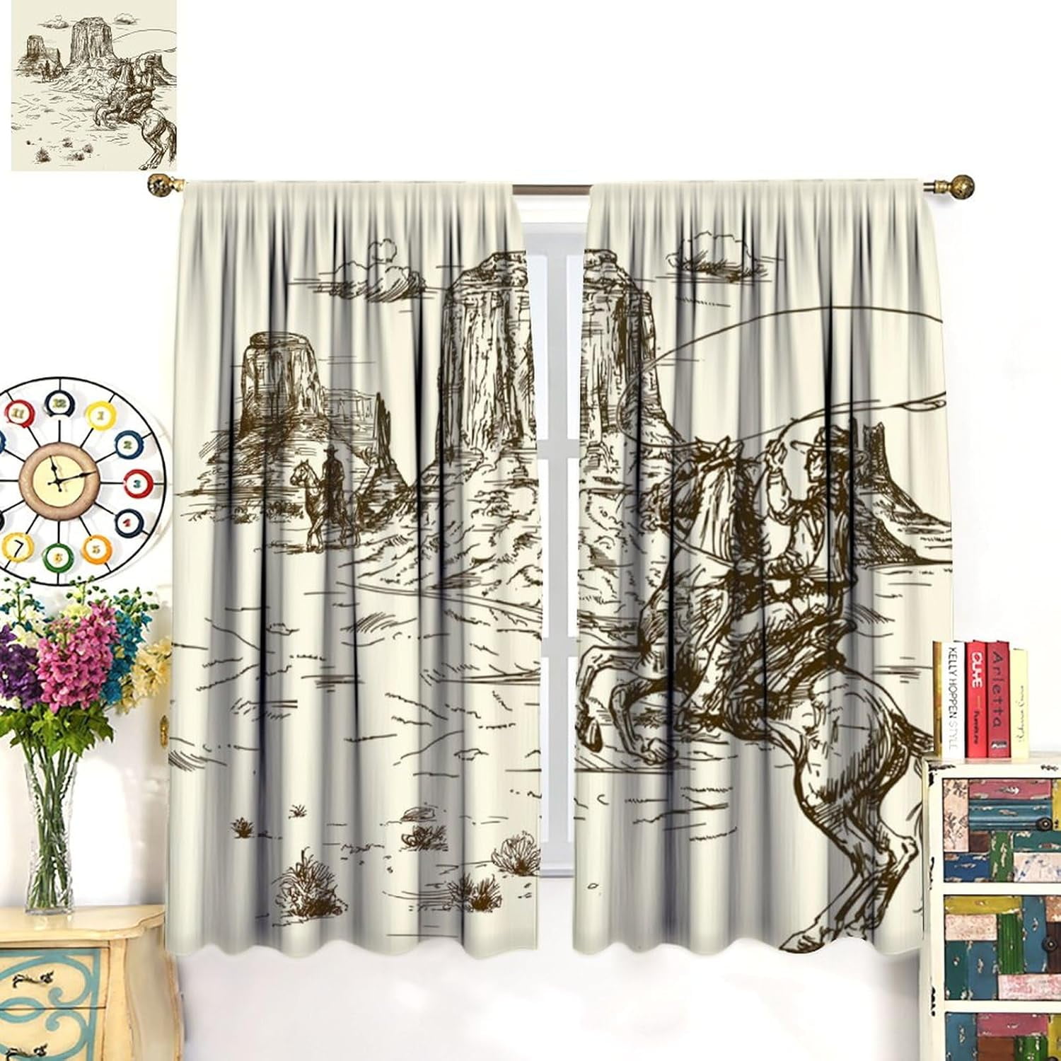 Vintage American Wilderness Western Cowboy Blackout Curtains for Bedroom,Sketch Style Western Cowboy Cacti Room Darkening Window Curtains with Rod Pocket - 2 Panels 84" L x 42" W